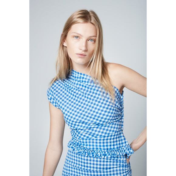 Smythe Tops - Smythe Asymmetrical Top Blue Gingham Size 8 Seersucker One Shoulder Blouse